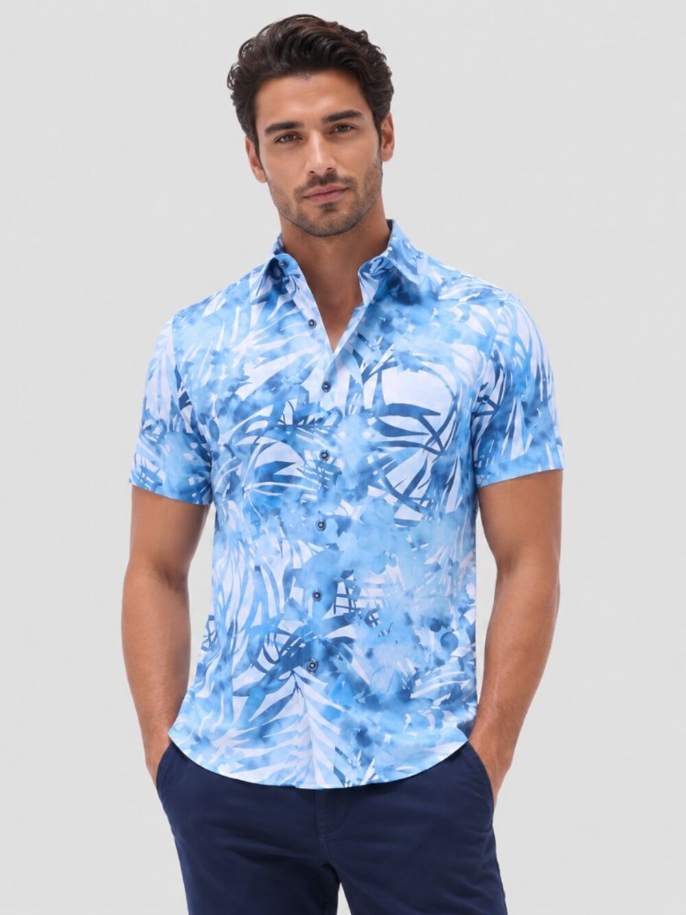 Bugatchi Indigo Tropical Print Short-Sleeve Button-Up Shirt Men's. Size M